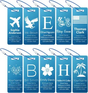 10 Personalized Metal Luggage Tags, Custom Suitcase Aluminum Name Tags with Steel Ring, Laser Engraved Name and Logo, for Travel, Backpack, Baggage, Golf Bag (Blue)