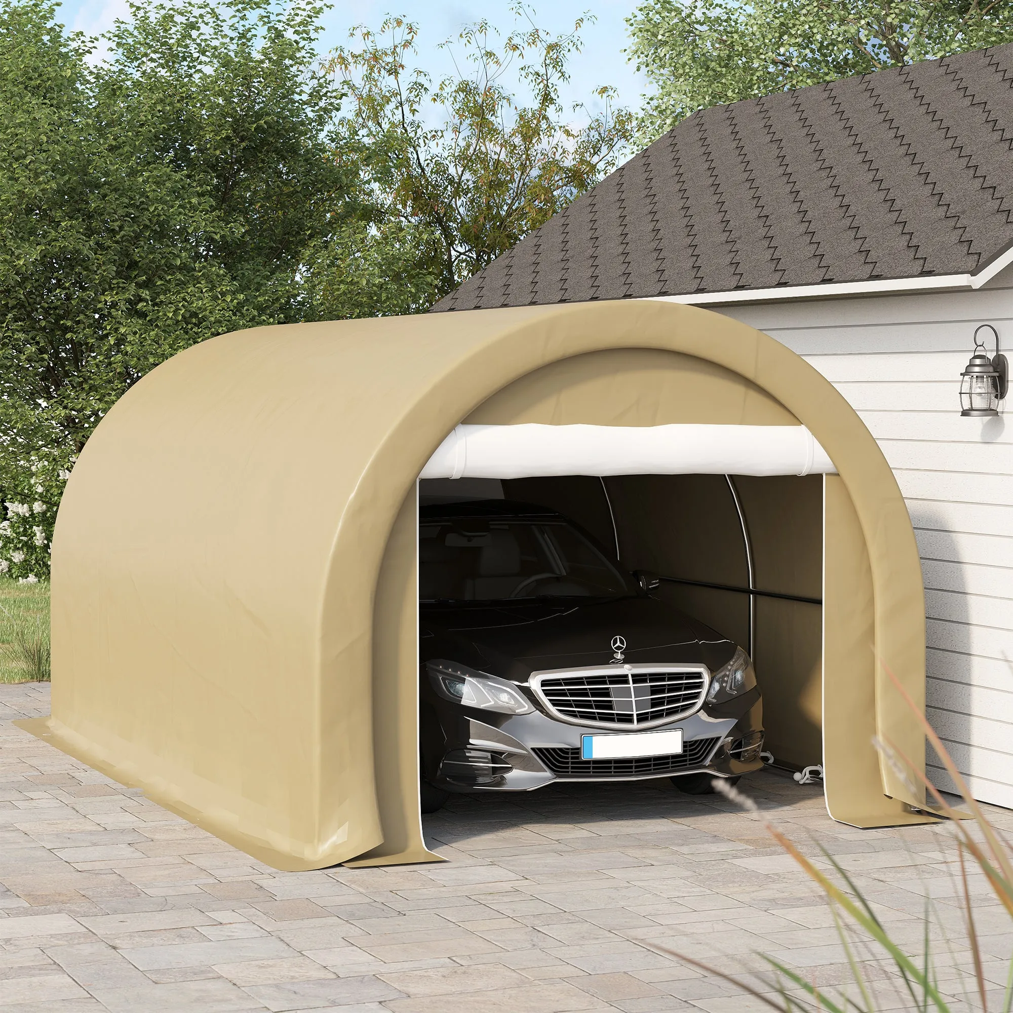 10' x 16' Heavy-Duty Carport with Zippered Door & UV-Resistant Canopy, Beige