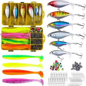 100 Pcs Fishing Lures Ploppers Equipment Tackle Gear Box for Bass, Floating Rotating Tail, Hard Fish Kit with Soft Lure,Hooks, Accessories Tools,Plastic Bait, Swimbait
