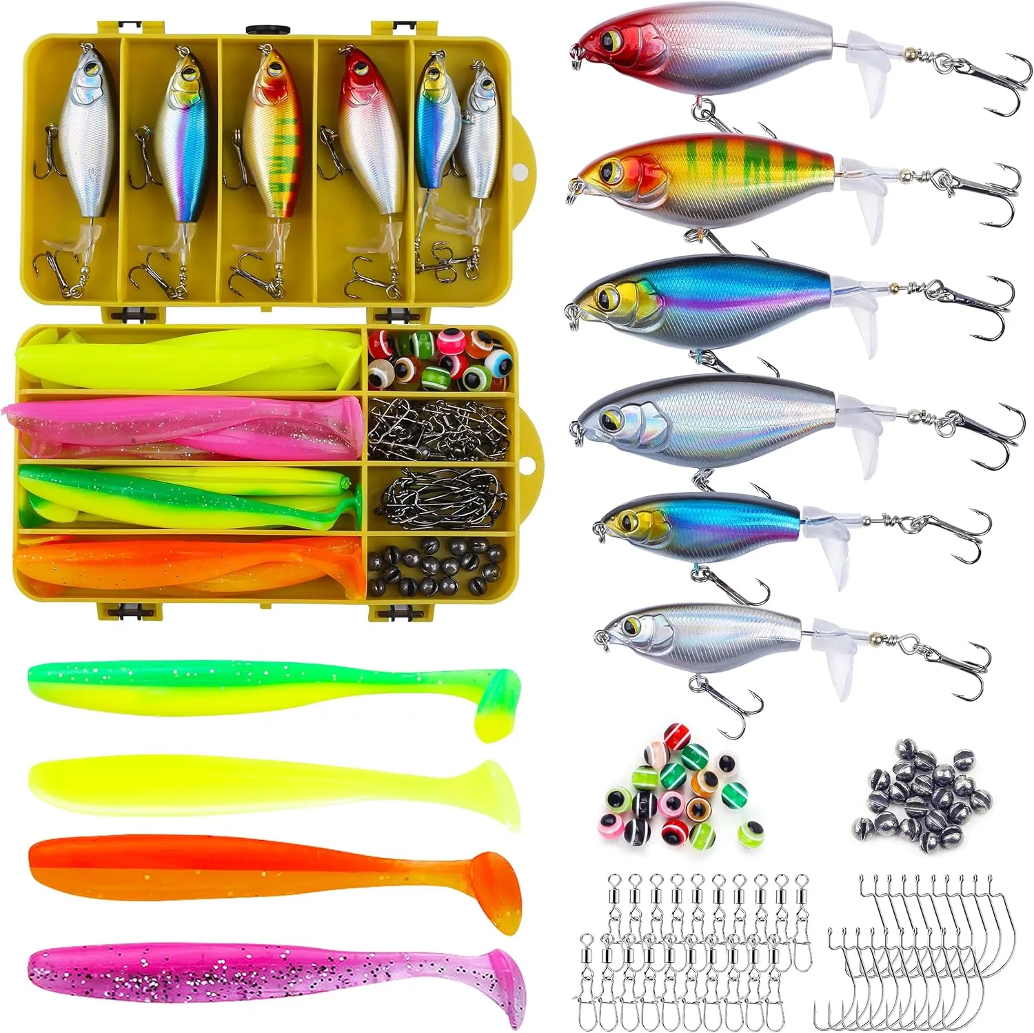 100 Pcs Fishing Lures Ploppers Equipment Tackle Gear Box for Bass, Floating Rotating Tail, Hard Fish Kit with Soft Lure,Hooks, Accessories Tools,Plastic Bait, Swimbait