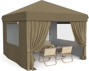 10x10 Pop Up Canopy Tent Outdoor Canopy with 4 Removable Sidewalls One-Person Set Up Heavy Duty Commercial Instant Tent Shelter-Khaki