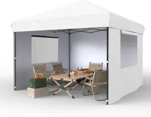 10X10 Pop Up Canopy with Removable Sidewalls and Windows, Adjustable Heights Canopy Tent with Wheeled Bag, 4 Sandbags, 4 Ropes & 8 Stakes, Instant Shelter for Events, Party, Camping, Garden (White)