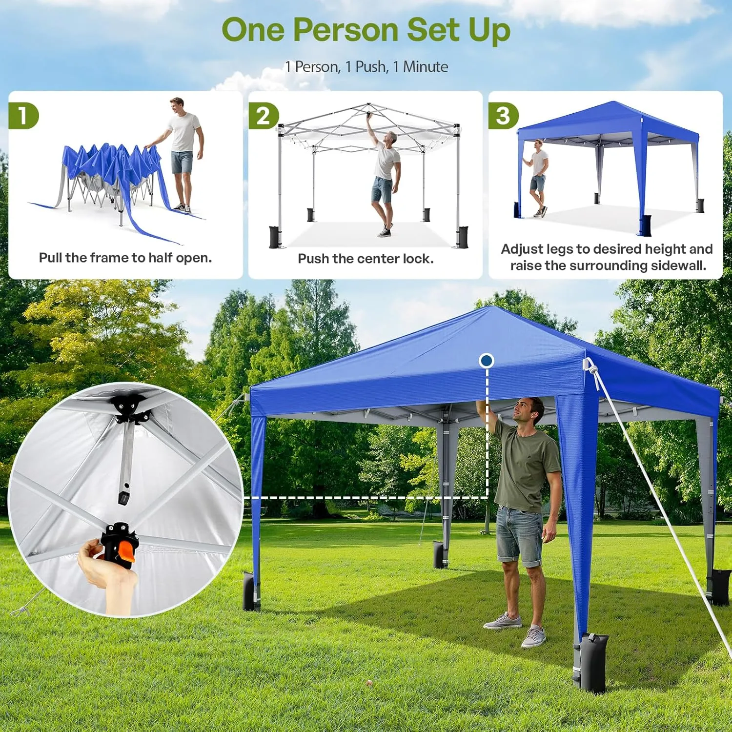 10x10 Pop Up Canopy with Sidewalls, Outdoor Instant Canopy Tent with Carry Bag for Commercial Events, Camping, Backyard Parties - Blue