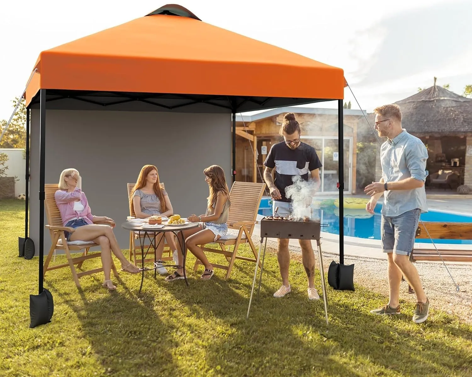 10x10ft Pop Up Canopy Tent With Sidewall,Outdoor Freestanding Sun Shelter Picnic and Camping,Instant Shade Tent With Vented Roof for Beach & Events - Includes Storage Bag,Sandbags,Stakes&Ropes(Orange)
