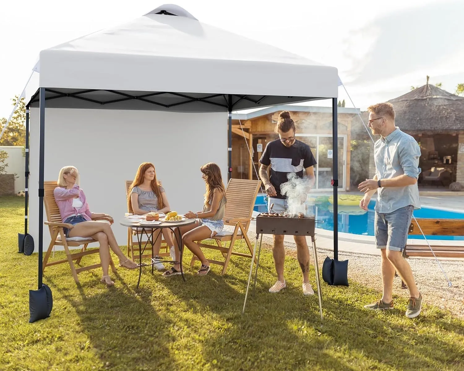 10x10ft Pop Up Canopy Tent with Sidewall,Outdoor Freestanding Sun Shelter Picnic and Camping,Instant Shade Tent with Vented Roof for Beach & Events - Includes Storage Bag,Sandbags,Stakes&Ropes（White