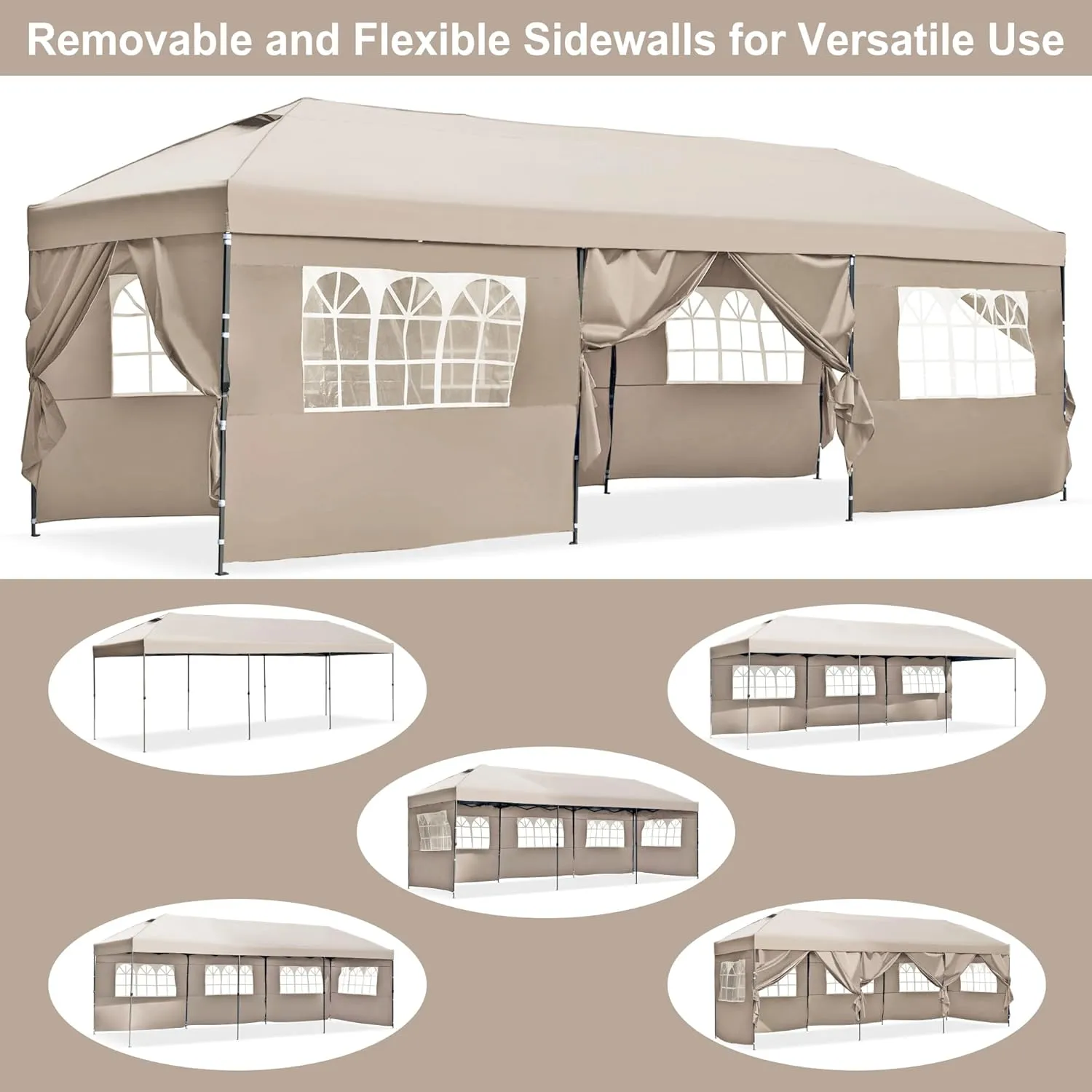 10x30 Pop Up Canopy with Sidewalls, Heavy Duty Outdoor Party Tent with Wheeled Bag, for Patio,Wedding, Backyard Khaki
