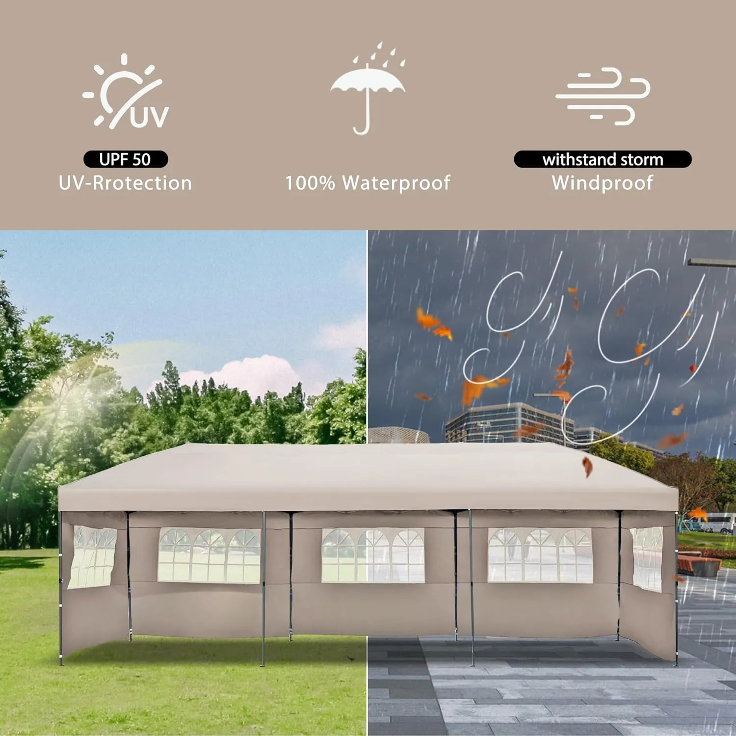 10x30 Pop Up Canopy with Sidewalls, Heavy Duty Outdoor Party Tent with Wheeled Bag, for Patio,Wedding, Backyard Khaki