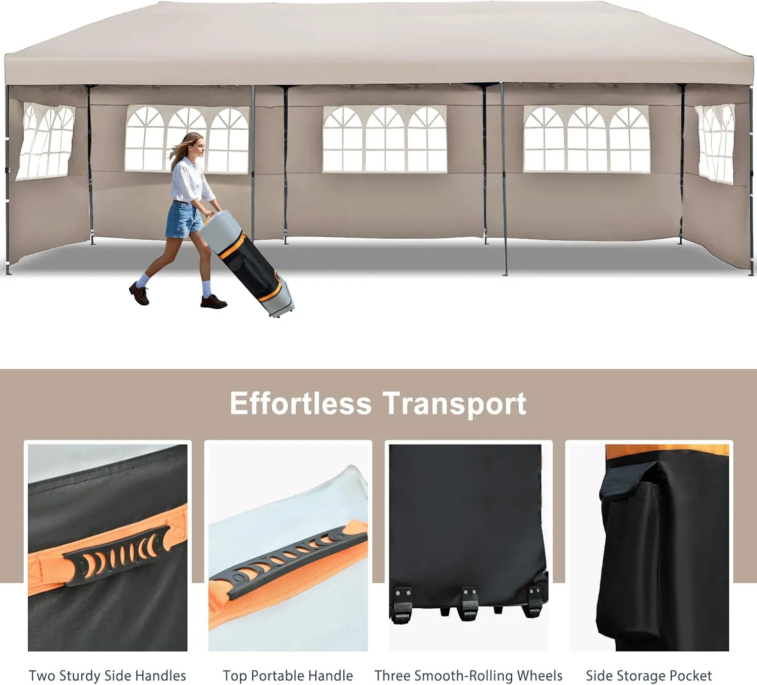 10x30 Pop Up Canopy with Sidewalls, Heavy Duty Outdoor Party Tent with Wheeled Bag, for Patio,Wedding, Backyard Khaki