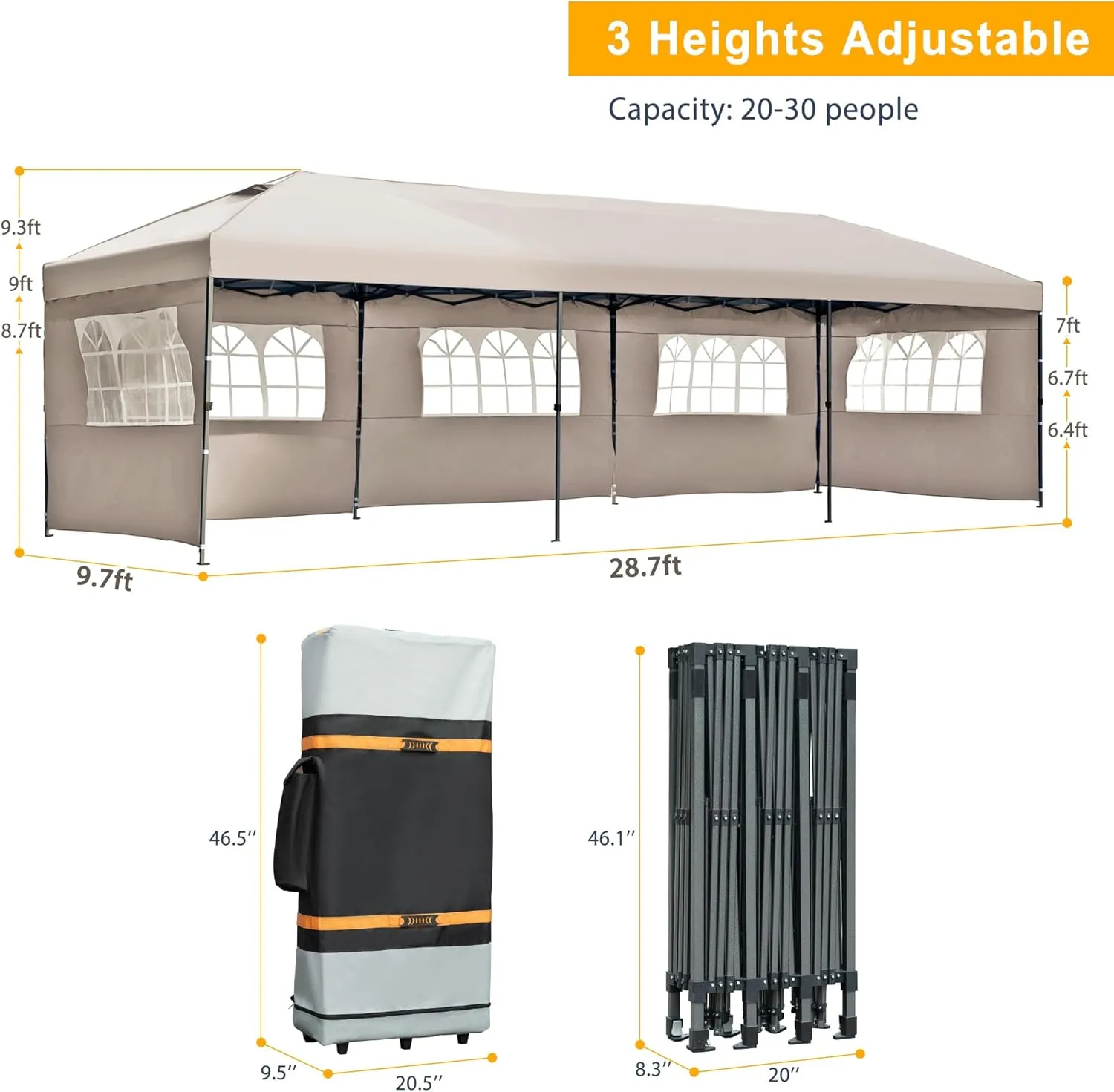 10x30 Pop Up Canopy with Sidewalls, Heavy Duty Outdoor Party Tent with Wheeled Bag, for Patio,Wedding, Backyard Khaki
