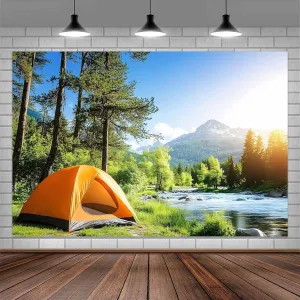 10x8FT Camping Backdrop, Outdoor Camping Tent Green Forest Pine Trees Lake Scenery Background, Spring Summer Camp Picnic Camper Party Decorations Photo Booth Studio Props