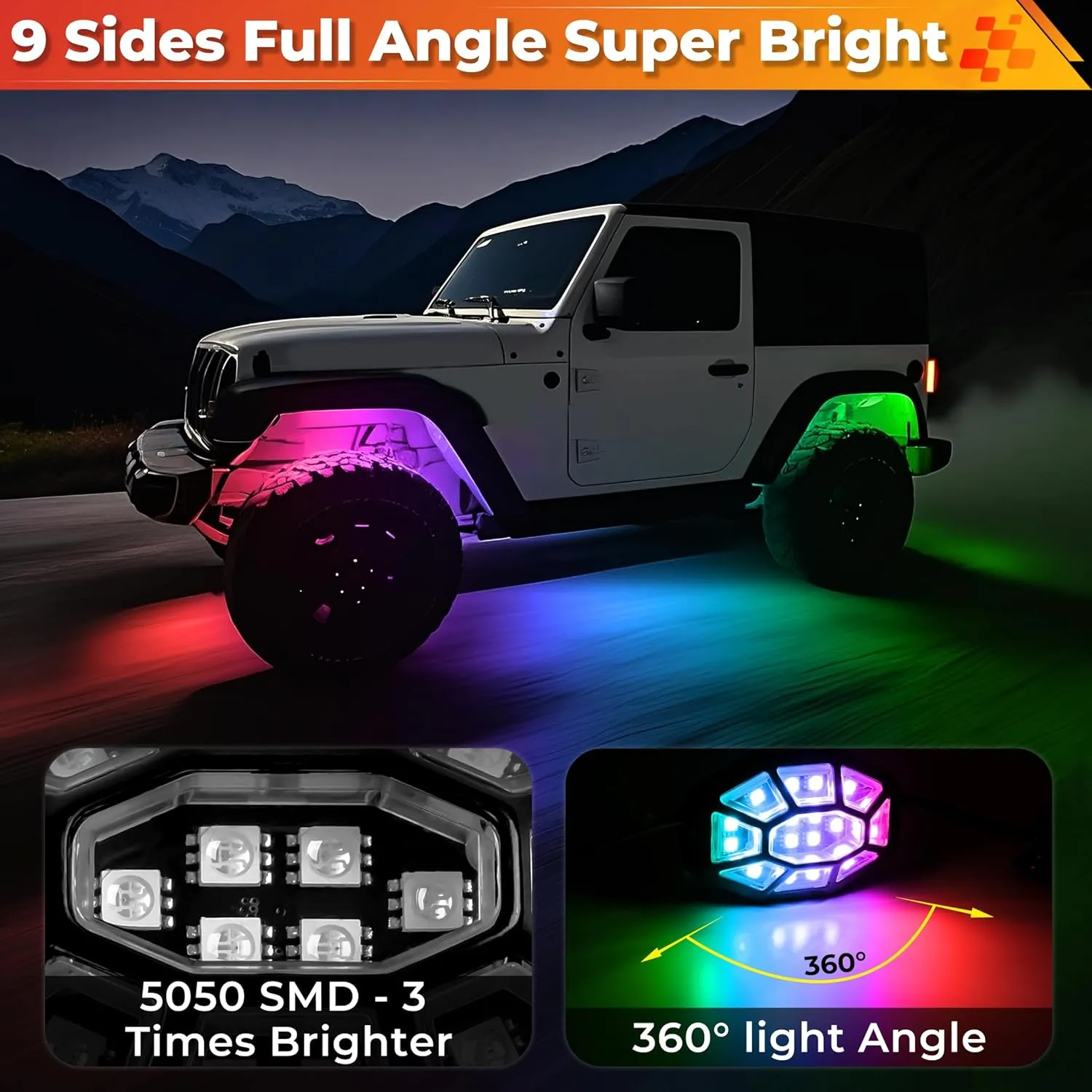 12 Pods 9 Side 216 LEDs Rock Lights, App/2 Remote Control RGB Underglow Lights Compatible with 12V Trucks Jeep UTV ATV Golf Cart Off Road,Brake Signal,Waterproof,Music Mode,Plug and Play,Multi-Color