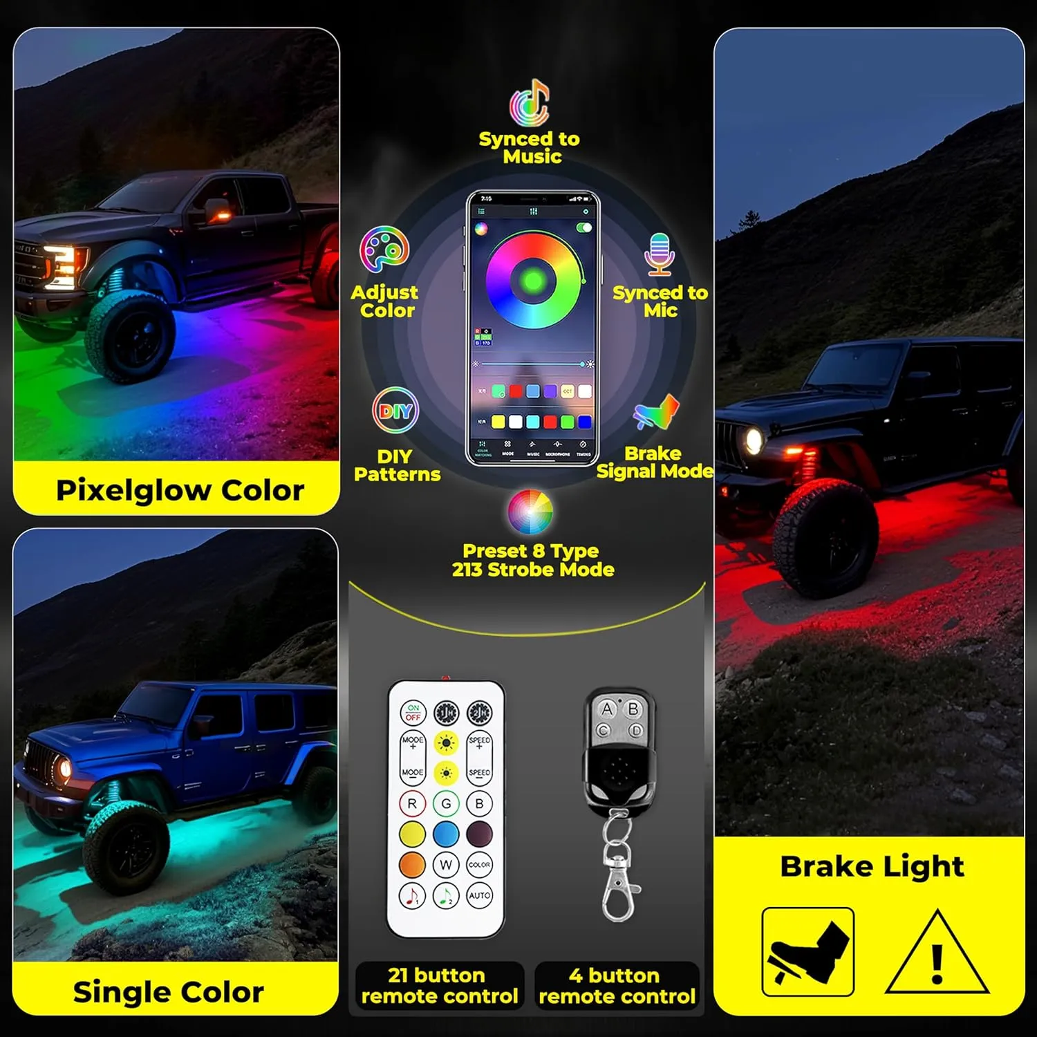 12 Pods 9 Side 216 LEDs Rock Lights, App/2 Remote Control RGB Underglow Lights Compatible with 12V Trucks Jeep UTV ATV Golf Cart Off Road,Brake Signal,Waterproof,Music Mode,Plug and Play,Multi-Color