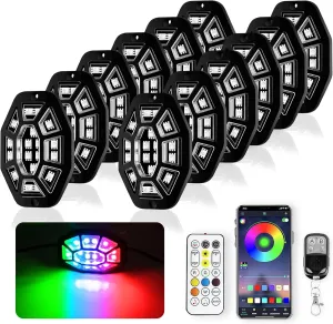 12 Pods 9 Side 216 LEDs Rock Lights, App/2 Remote Control RGB Underglow Lights Compatible with 12V Trucks Jeep UTV ATV Golf Cart Off Road,Brake Signal,Waterproof,Music Mode,Plug and Play,Multi-Color