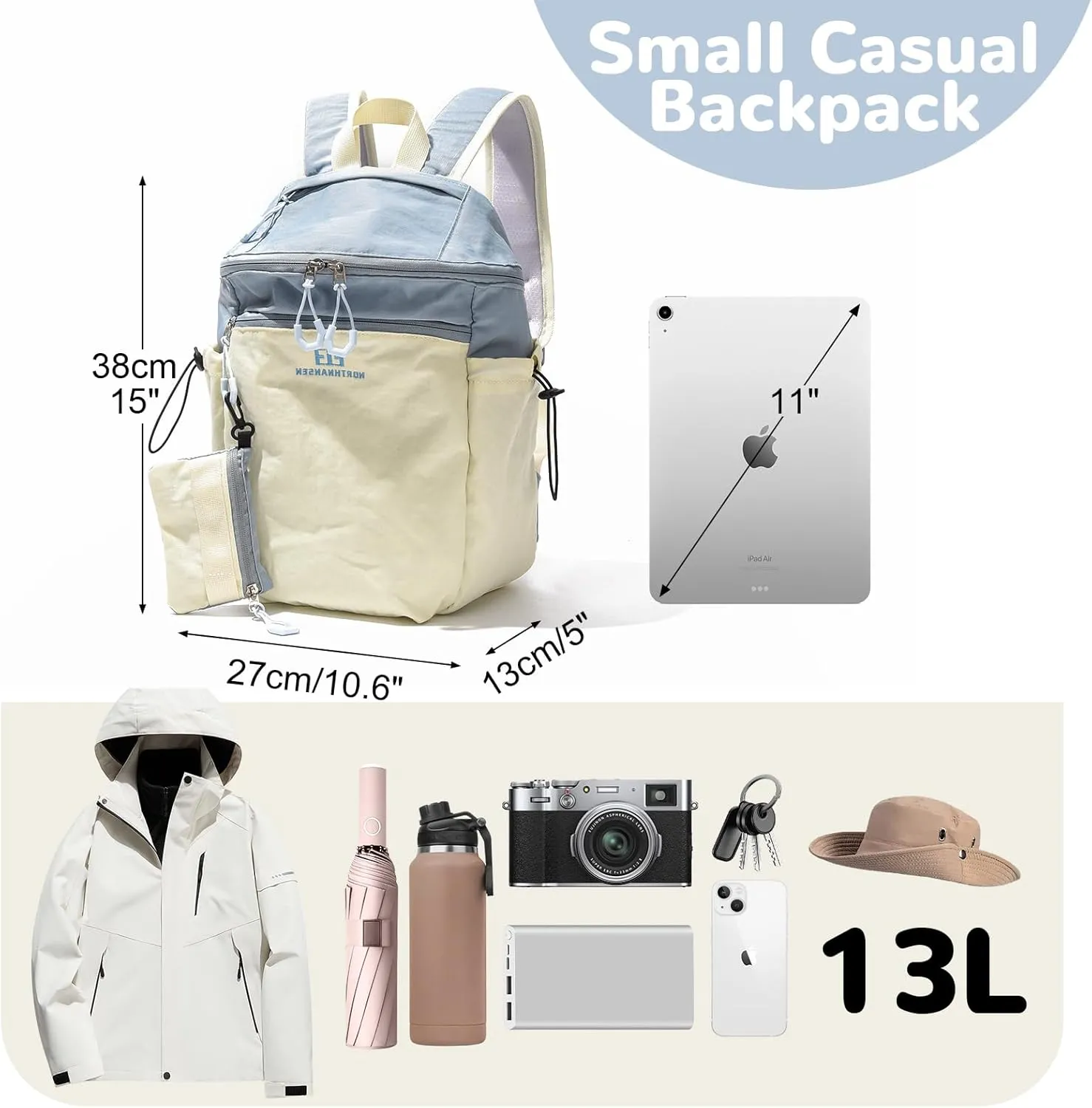 13L Casual Daypack Backpacks, Small Travel Backpack for Men Women, Outdoor Rucking Backpack with Small Pouch, Beige & Blue