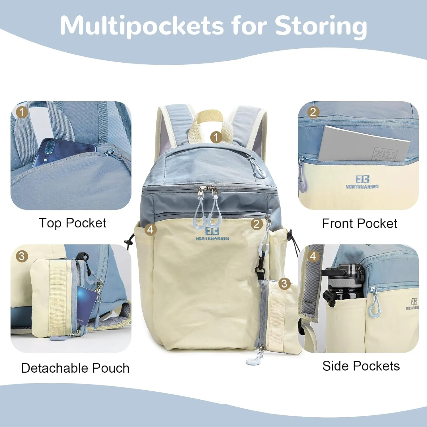 13L Casual Daypack Backpacks, Small Travel Backpack for Men Women, Outdoor Rucking Backpack with Small Pouch, Beige & Blue