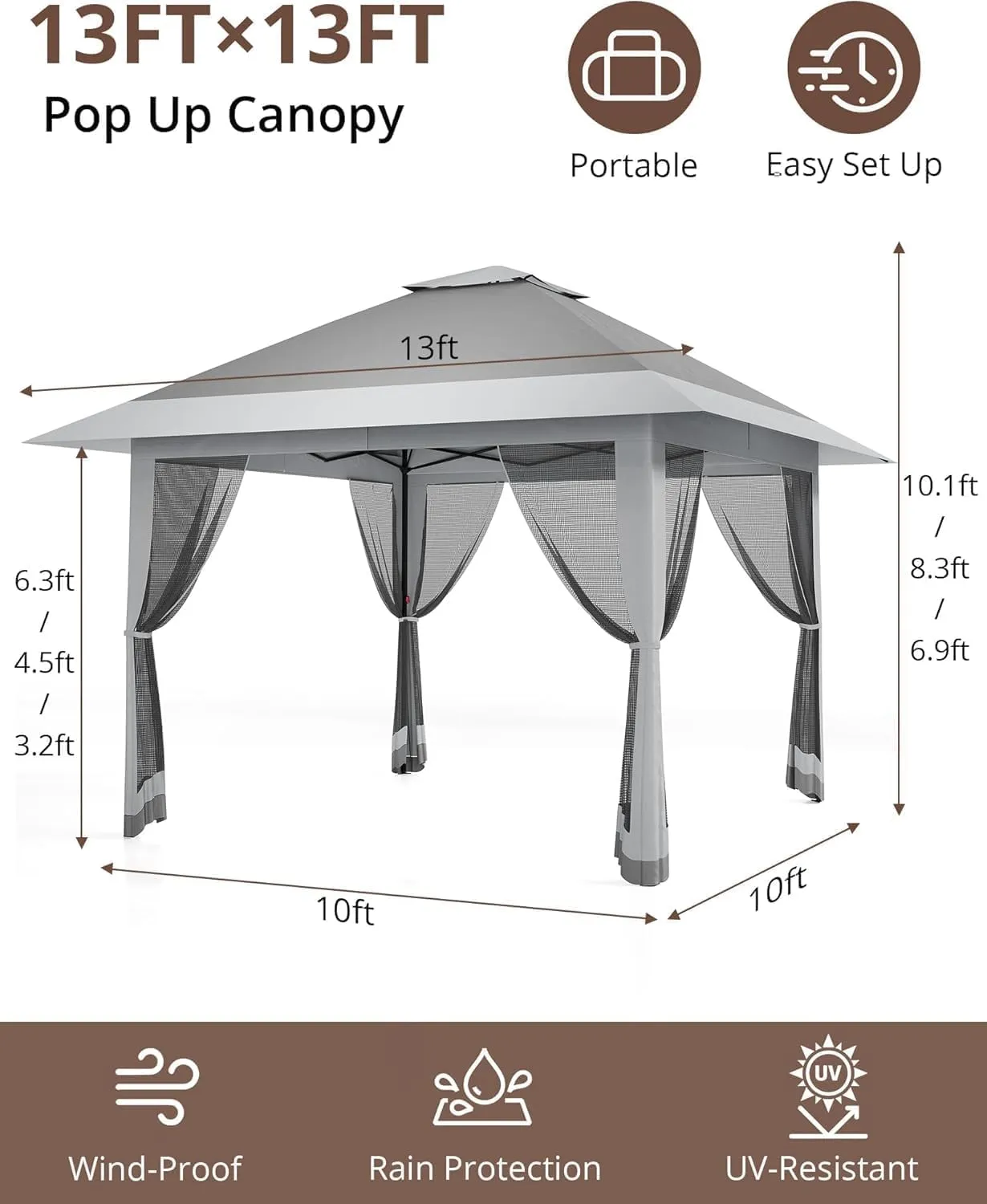 13x13FT Pop-Up Gazebo, Instant Canopy Gazebo with Mosquito Net & Double Roof, Adjustable Height Canopy Tent, UV-Resistant Outdoor Shelter for Patio, Backyard, Garden, and Camping