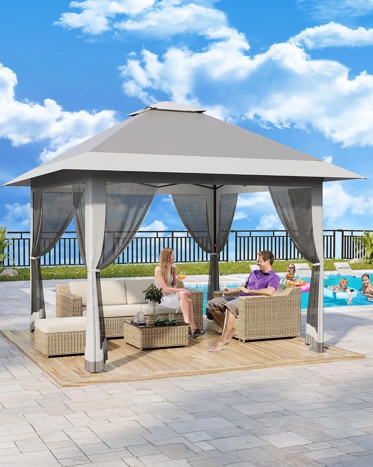 13x13FT Pop-Up Gazebo, Instant Canopy Gazebo with Mosquito Net & Double Roof, Adjustable Height Canopy Tent, UV-Resistant Outdoor Shelter for Patio, Backyard, Garden, and Camping