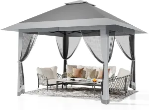 13x13FT Pop-Up Gazebo, Instant Canopy Gazebo with Mosquito Net & Double Roof, Adjustable Height Canopy Tent, UV-Resistant Outdoor Shelter for Patio, Backyard, Garden, and Camping
