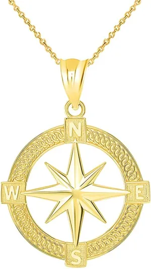 14K Yellow Gold 1" Eight Pointed North Star Compass Rose Adventurer’s Pendant Necklace - 22"