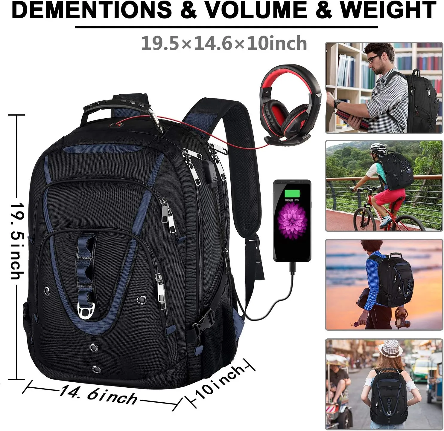 17.3 Laptop Backpack for Men Women, Extra Large Travel laptop Backpack with Rain Cover, TSA Friendly Flight Approved with RFID Anti Theft Pocket and USB Charger Port, Water Resistant School BookBag