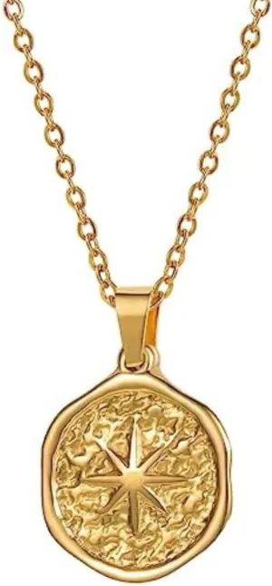 18K 18 Karat Yellow Gold Plated North Star Compass Charm Necklace - Beachy Boho Coin Jewelry Gift for Women - Graduation Gift- Nickel Free, Hypoallergenic, Waterproof