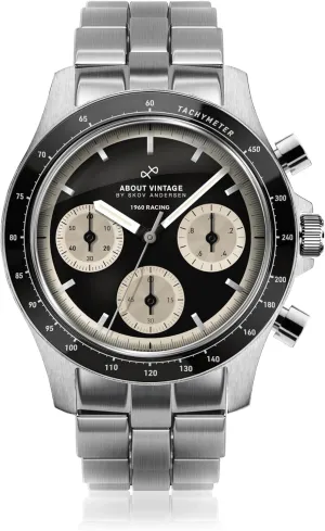 1960 Racing Chronograph Watch for Men - Steel Mens Watch - 316L Stainless Steel, Analog, Quartz, 10 ATM Waterproof Men Watches - Round Sapphire Crystal Dial Men Watch (Steel/Black Off White)