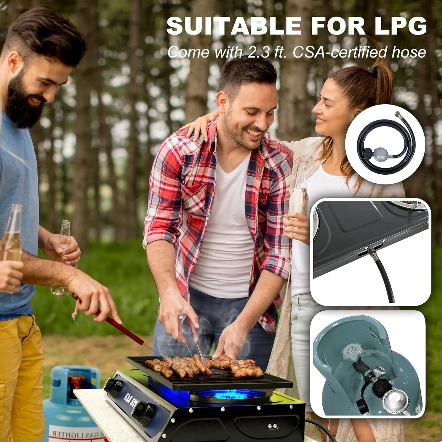 2 Burners Stove for Outdoor Cooking, Portable Camping Gas Stove Double Burner with CSA LPG Hose, Auto Ignition 17000 BTU Propane Stove