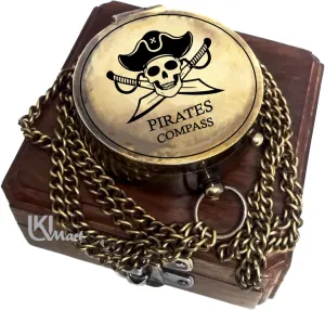 2'' Working Pirates Brass Compass Chain with Wooden Box Personalized Available Directional Magnetic Compass or Wooden Case for Loved Ones, Son, Father, Love, Partner, Brown