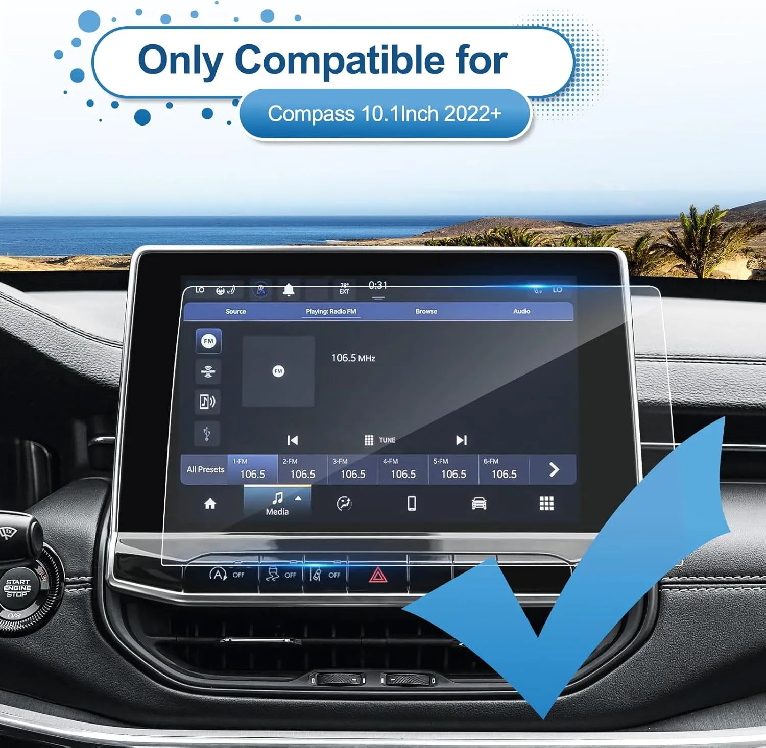 2022 2023 2024 2025 Compass Screen Protector for Jeep Compass (Latitude Lux/Limited/Trailhawk/High Altitude), 10.1-inch Tempered Glass 2025 Compass Accessories HD Transparent/Anti-Fingerprint