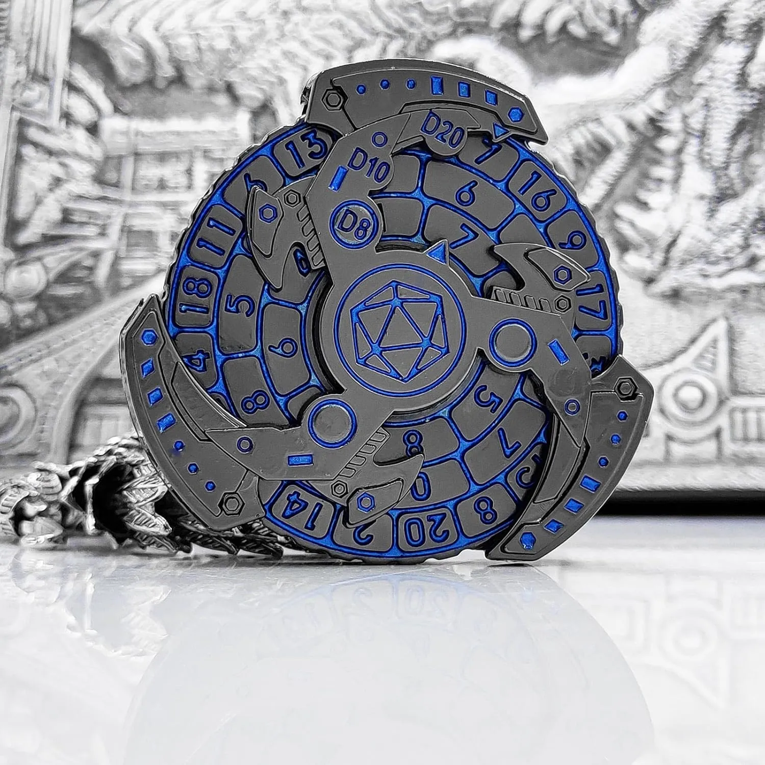 2024 Shadow Roulette Dice Spinner for DND Dice Set, 7-in-1 Dragon Metallic D&D Dice with Gift Case for Dungeons and Dragon Game, RPG Role Playing Table Game Gifts (Blue Silver), sDGND202403
