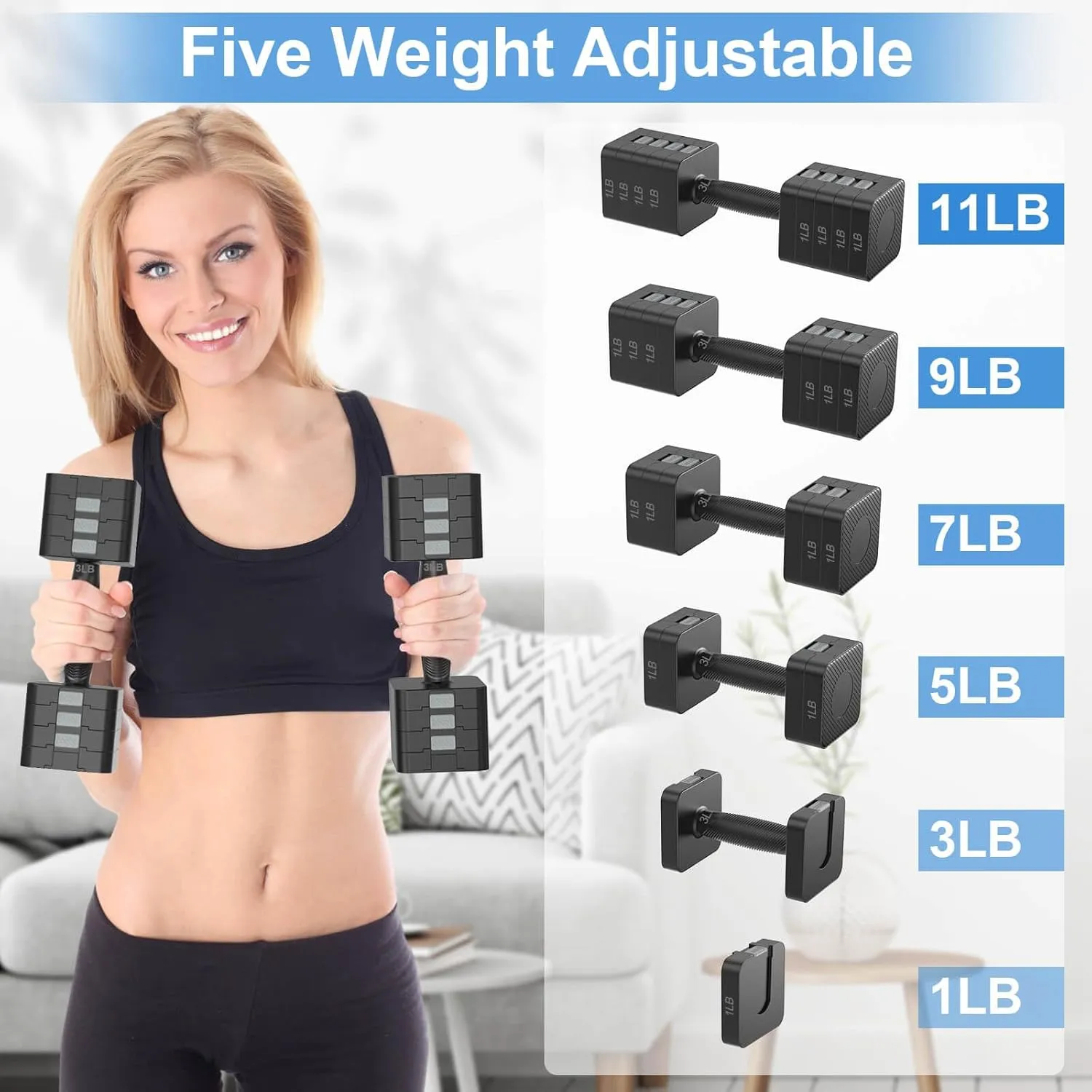 22LBS Adjustable Dumbbells Set, Hand Weights Sets with 5 Levels 3lb, 5lb, 7lb, 9lb, 11lb, Adjustable Weight Dumbbells for Women/Men Home Gym Full Body Workout