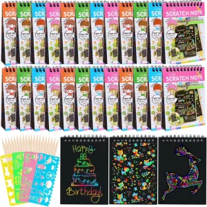 24 Pack Rainbow Scratch Notebook,Scratch Paper Art for Kids,Scratch Note Pads,Scratch Paper Rainbow Party Favors with 24 Wooden Stylus & 4 Drawing Stencil for Girls Boys Art Party Supplies