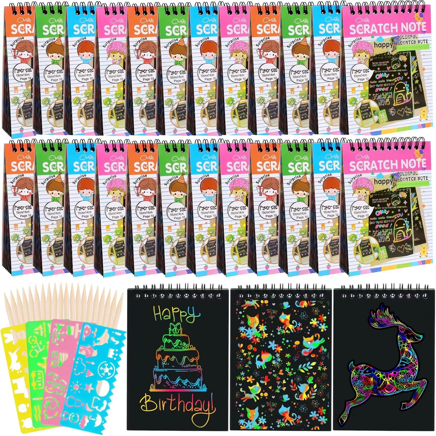 24 Pack Rainbow Scratch Notebook,Scratch Paper Art for Kids,Scratch Note Pads,Scratch Paper Rainbow Party Favors with 24 Wooden Stylus & 4 Drawing Stencil for Girls Boys Art Party Supplies