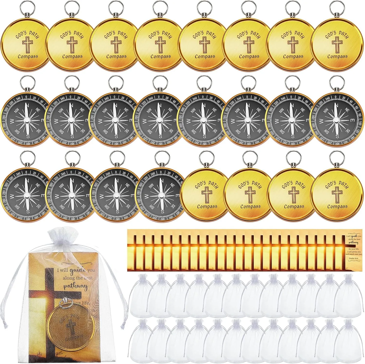 24 Set Mini Christian Compass Christian Gift Set Compass with Cards and White Drawstring Organza Bag Bible Scripture Cards Religious Gifts for Men Graduation Gift Weddings