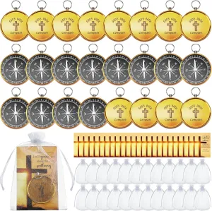 24 Set Mini Christian Compass Christian Gift Set Compass with Cards and White Drawstring Organza Bag Bible Scripture Cards Religious Gifts for Men Graduation Gift Weddings