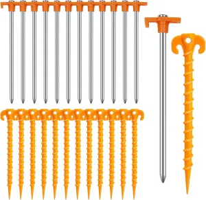 24PCS Tent Stakes & Spiral Stakes Heavy Duty Camping Stakes AVOFOREST 7/8Inch Non-Rust Metal Tent Pegs Ground Stakes Tent Spikes Camping,Garden,Hiking