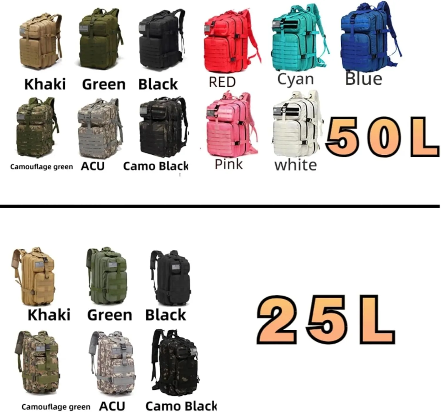 25L 50L Water-Resistant Nylon Backpack Outdoor Camping Hiking Trekking Durable Daypack Molle System (25L (Camo black))