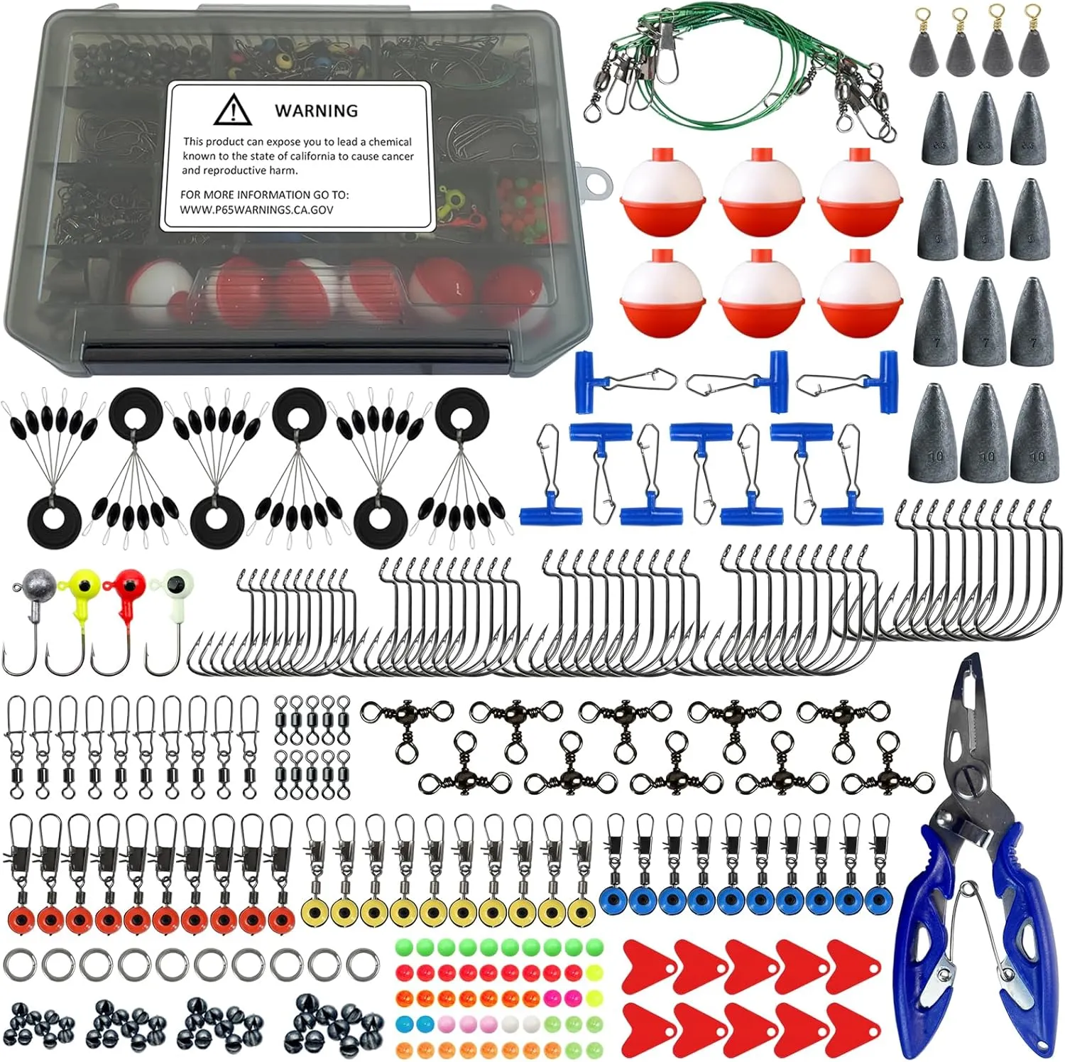 270Pcs Fishing Accessories Kit Including Sinkers Weights, Jigs, Snap Swivels, Fishing Hooks, Rubber Bobber, Fishing Beads, Spinner Blade, Pliers Fishing Tackle for Bass Trout