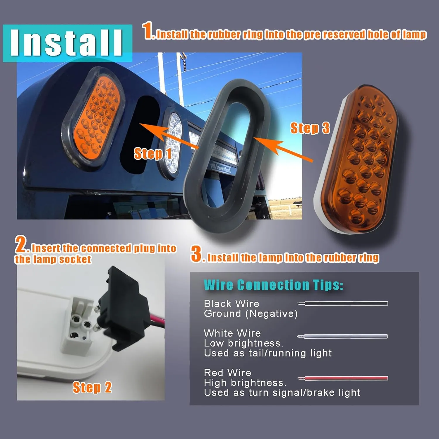 2pc 6" Oval LED Trailer Lights Kit w/Grommets Plugs Bright & Waterproof Stop Brake Turn Tail Light for Boat RV Pickup Truck-Amber