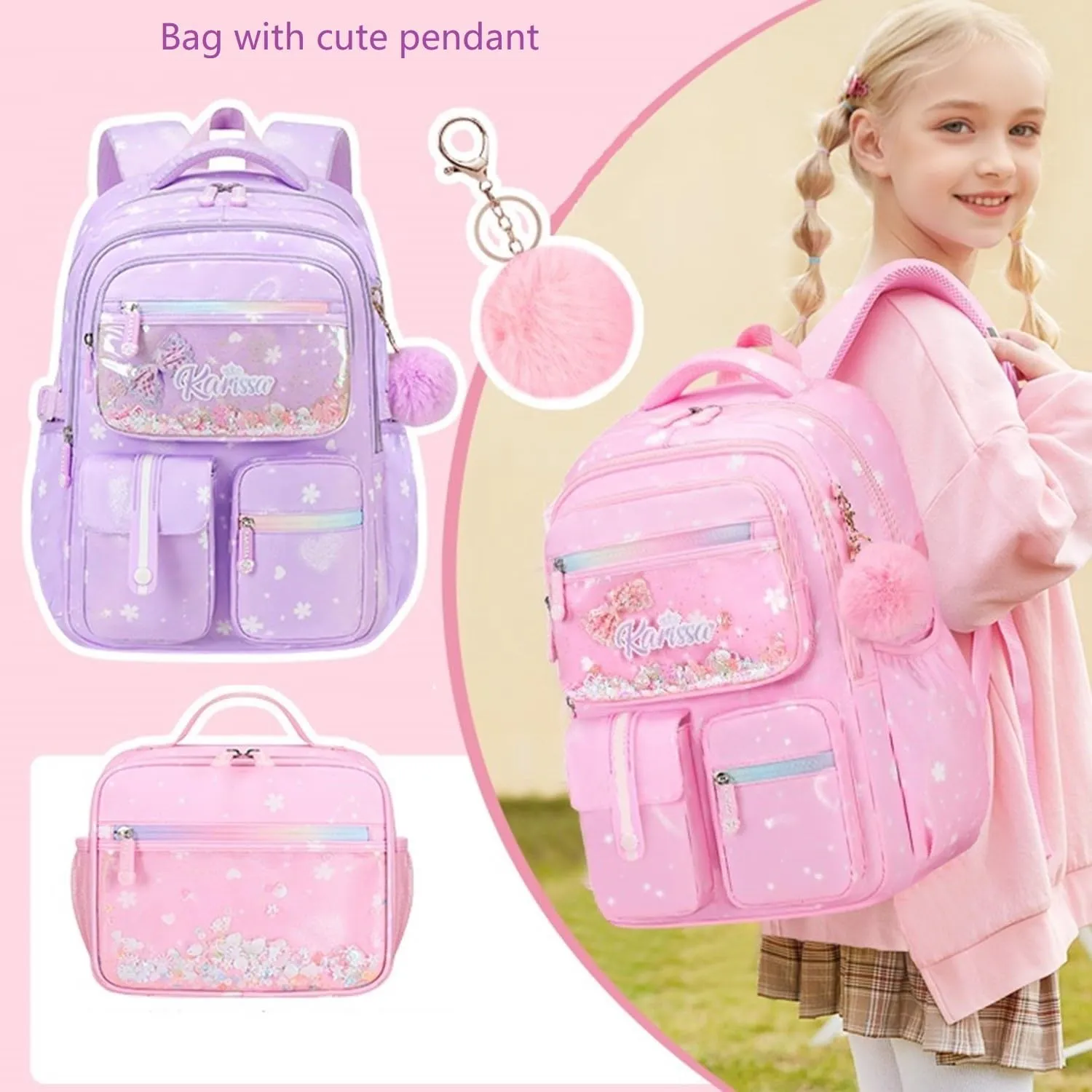 2Pcs Kids Backpack Set for Girls with Lunch Bag Bookbag for Elementary School Pre Girls School Bag Water Resistant Pink