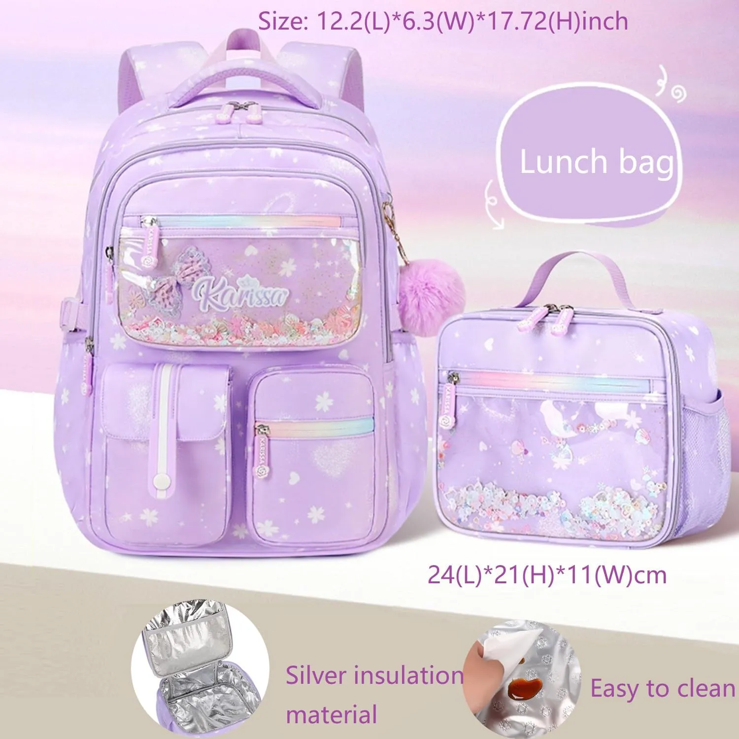 2Pcs Kids Backpack Set for Girls with Lunch Bag Bookbag for Elementary School Pre Girls School Bag Water Resistant Pink
