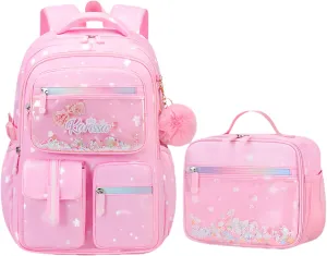 2Pcs Kids Backpack Set for Girls with Lunch Bag Bookbag for Elementary School Pre Girls School Bag Water Resistant Pink