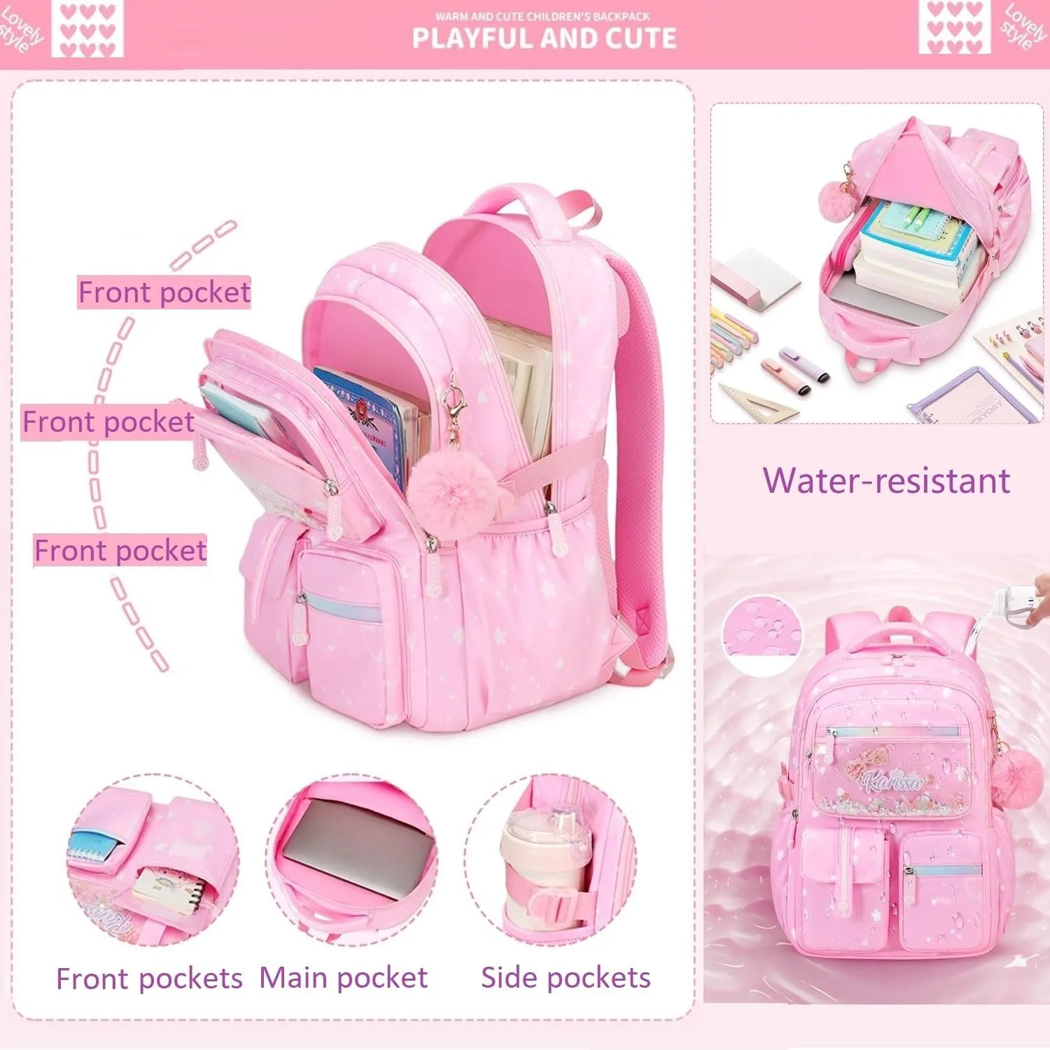 2Pcs Kids Backpack Set for Girls with Lunch Bag Bookbag for Elementary School Pre Girls School Bag Water Resistant Pink