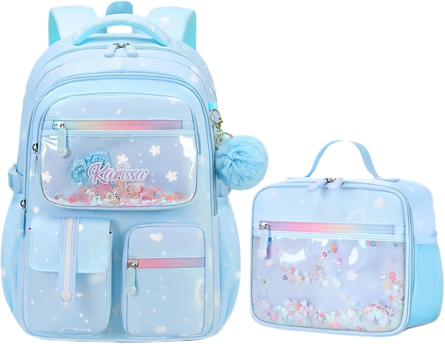 2Pcs Kids Backpack Set for Girls with Lunch Box Bookbag for Elementary School Pre Girls School Bag Water Resistant Blue