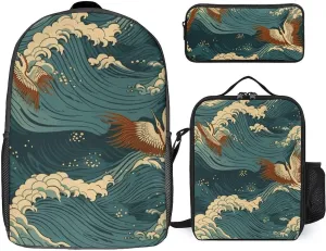 3-in-1 Backpack Combo Set, Japan Wave Wallpapers Print Backpack And Lunch-bag Backpack with Lunch Bag 3 Piece Set Backpack Lunch Bag Combo