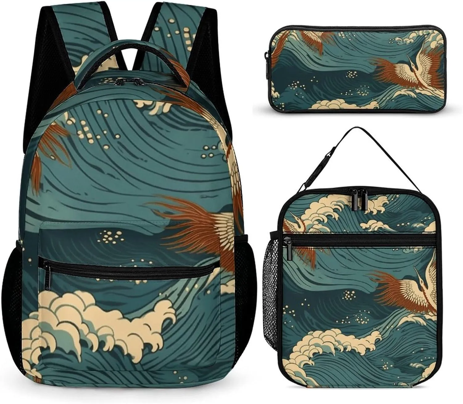 3-in-1 Backpack Combo Set, Japan Wave Wallpapers Print Backpack And Lunch-bag Backpack with Lunch Bag 3 Piece Set Backpack Lunch Bag Combo