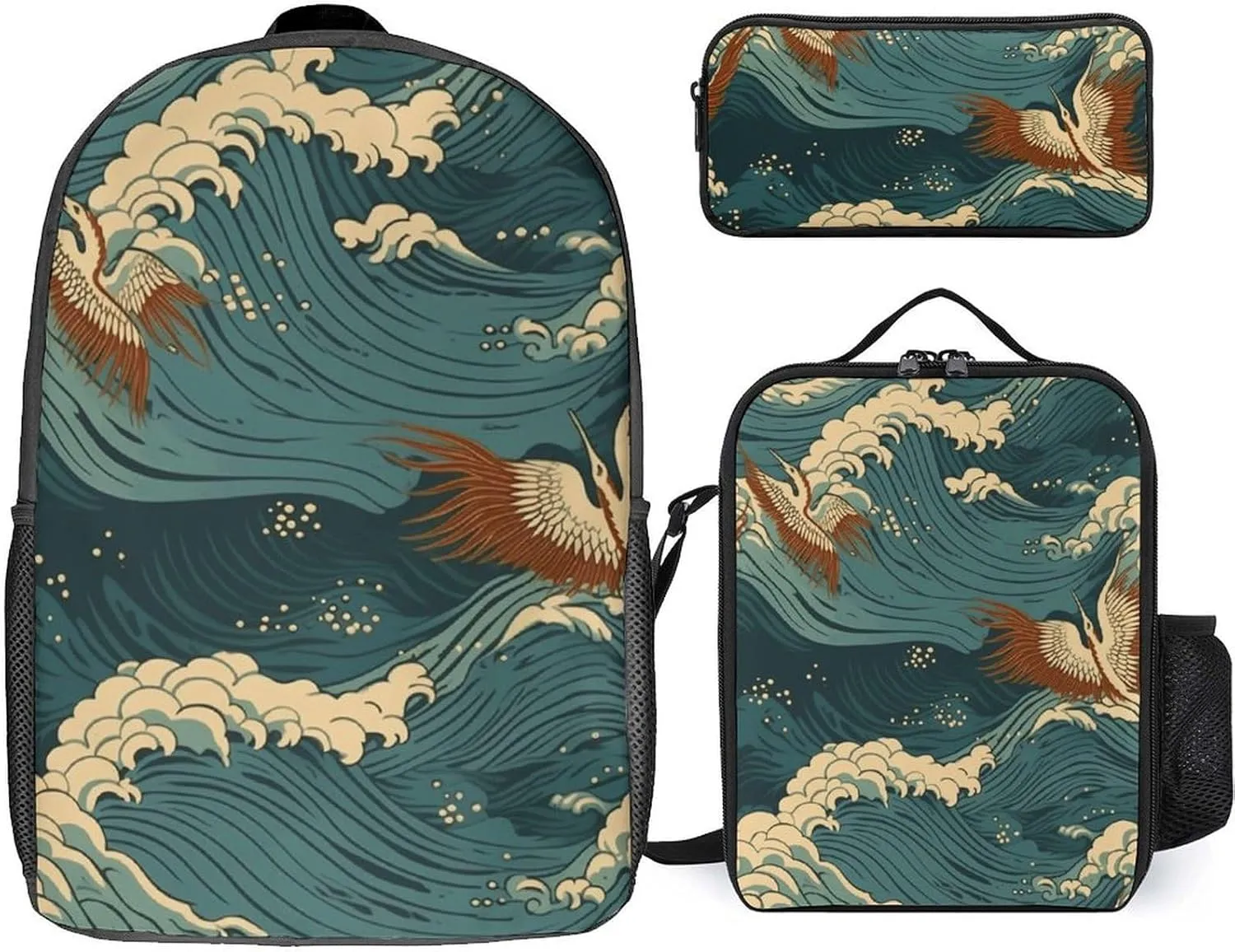 3-in-1 Backpack Combo Set, Japan Wave Wallpapers Print Backpack And Lunch-bag Backpack with Lunch Bag 3 Piece Set Backpack Lunch Bag Combo