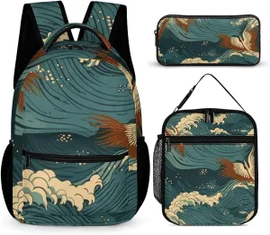 3-in-1 Backpack Combo Set, Japan Wave Wallpapers Print Backpack And Lunch-bag Backpack with Lunch Bag 3 Piece Set Backpack Lunch Bag Combo