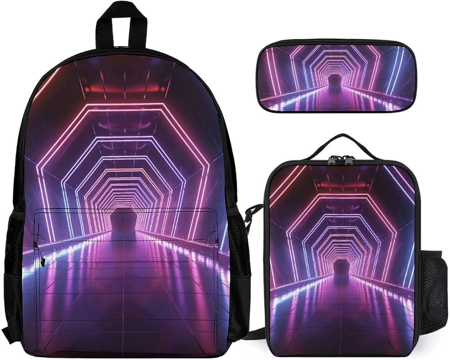 3-in-1 Backpack Combo Set, Neon Lights Tunnel Print Backpack And Lunch-bag Backpack with Lunch Bag 3 Piece Set Backpack Lunch Bag Combo