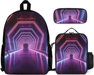 3-in-1 Backpack Combo Set, Neon Lights Tunnel Print Backpack And Lunch-bag Backpack with Lunch Bag 3 Piece Set Backpack Lunch Bag Combo